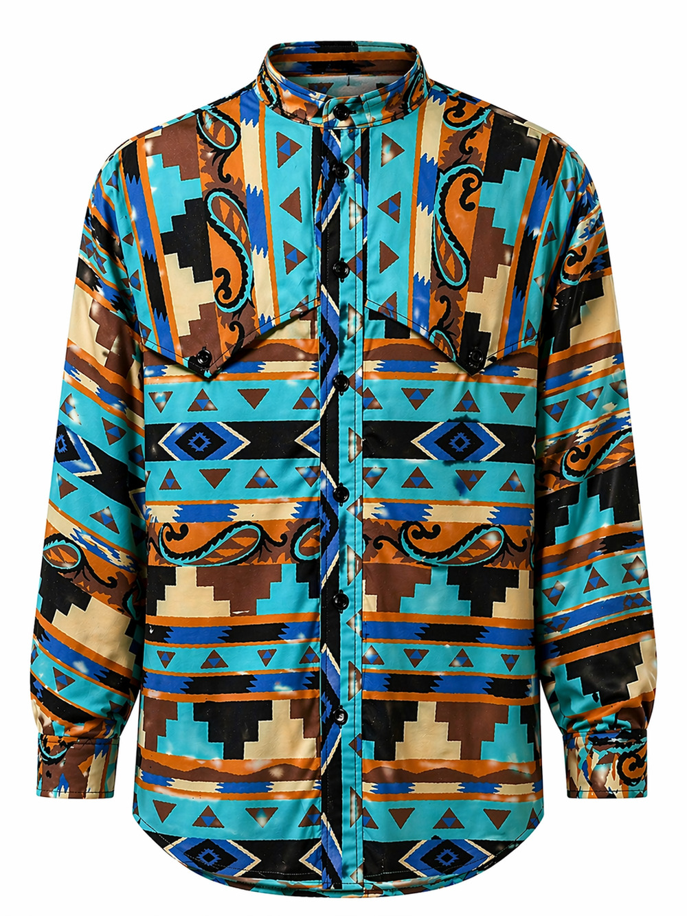 Cowboy Western Rodeo Aztec Shirt Ranch Button Up Bold Print Stand Collar Large